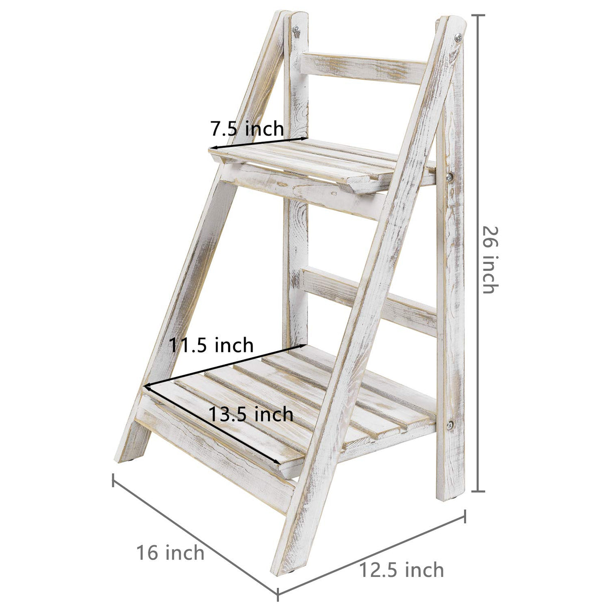 MyGift 2 Tier Rustic Whitewashed Solid Wood Freestanding Foldable Indoor Plant Stand, Decorative Wooden Display Shelf MyGift