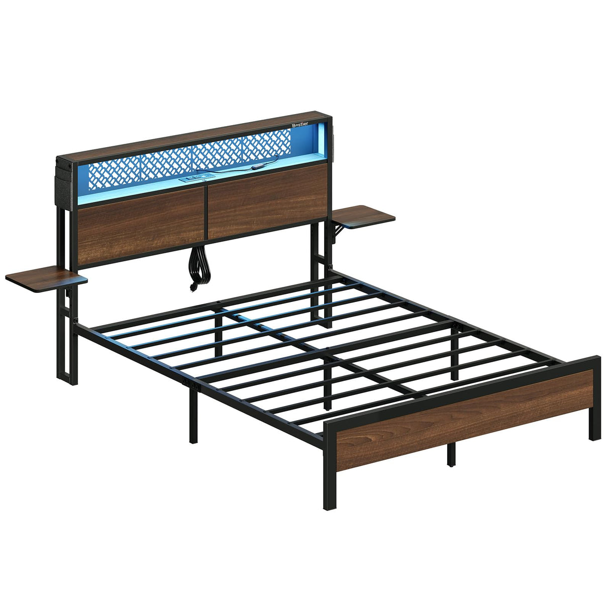 Bestier Walnut Queen Size Bed Frame with Headboard, Folding Bedside Shelves, Charging Station & LED Light Bestier