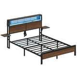 Bestier Walnut Queen Size Bed Frame with Headboard, Folding Bedside Shelves, Charging Station & LED Light Bestier