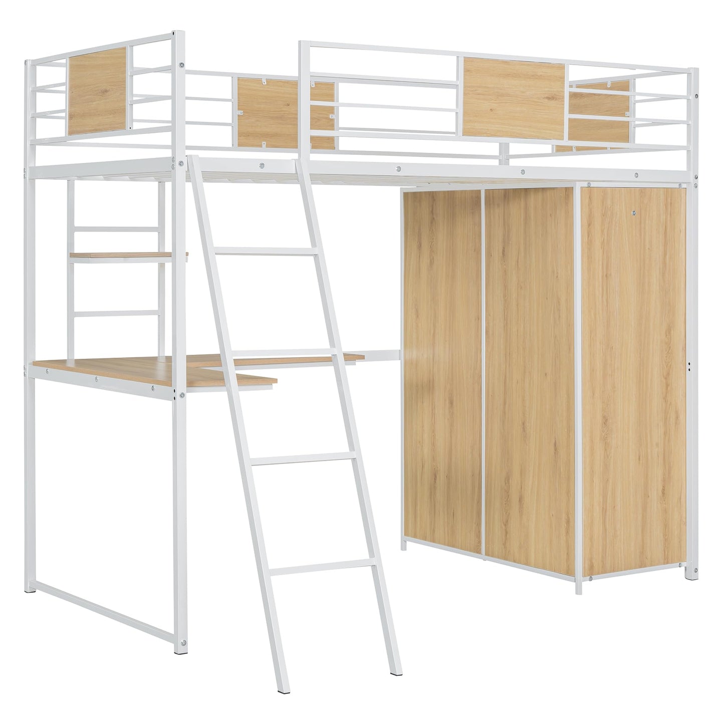 Twin Loft Bed with Desk and Storage Shelf, Twin Size Loft Bed with Wardrobe and L-Shaped Desk, Heavy Duty Loft Bed with Ladder and Guardrail(Twin Loft Bed White)