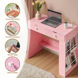 JanflyHome Small Vanity Desk with Flip Top Mirror, Modern Makeup Vanity Table with Power Outlet & Side Organizers, Dressing Table with Storage Compartment, Small Vanity Writing Desk for Bedroom, Pink JanflyHome