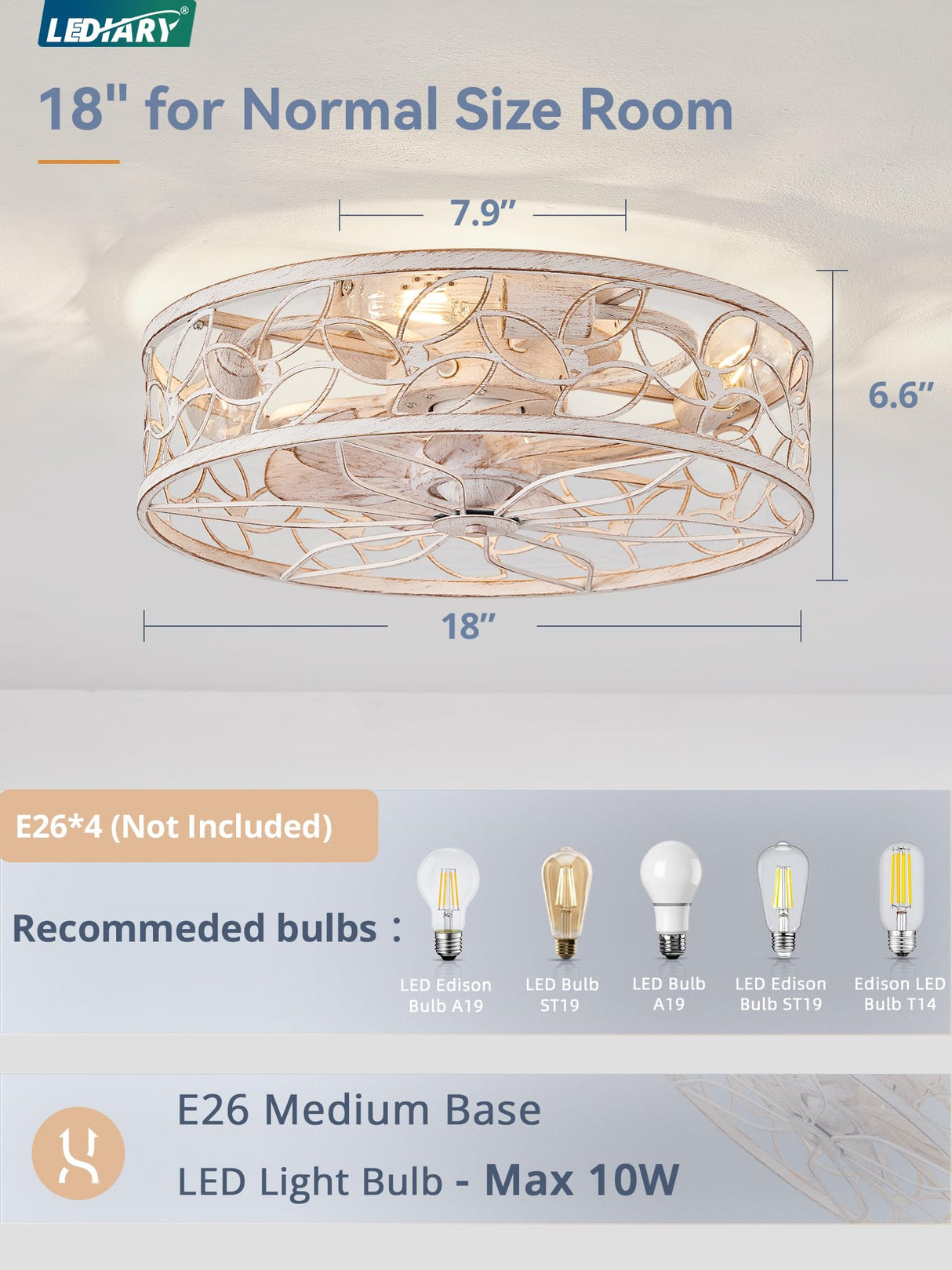 LEDIARY Caged Ceiling Fans with Lights, White Flush Mount Ceiling Fan with Remote, Small Low Profile Bladeless Ceiling Fan Light Fixture for Bedroom, Kitchen, Dining Room-White Gold Color LEDIARY