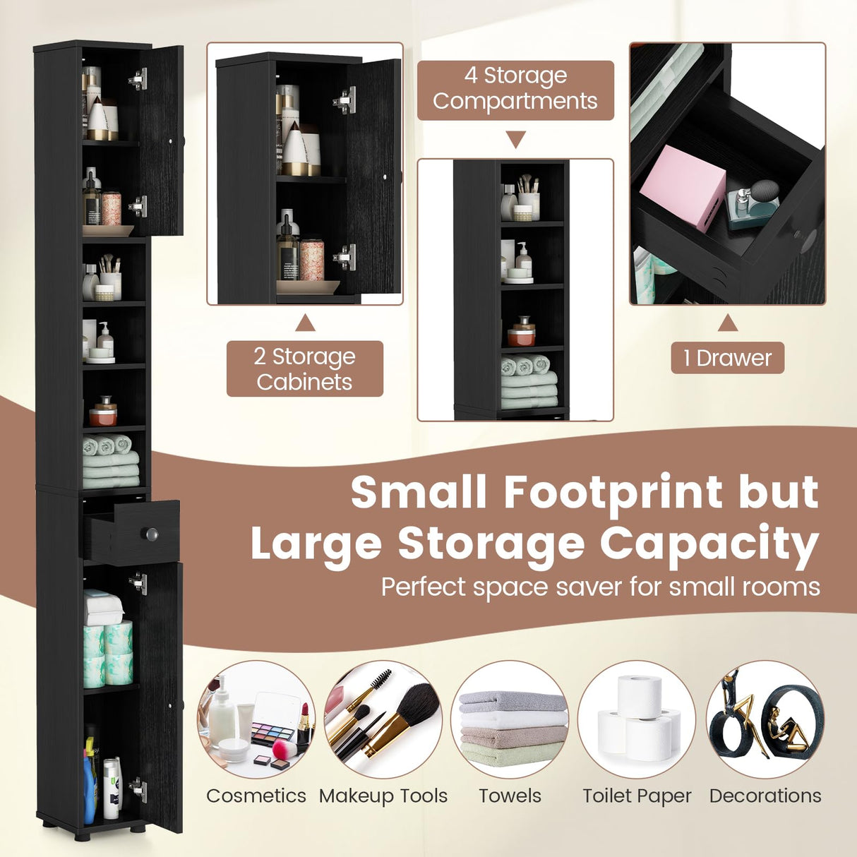 Tangkula Tall Slim Bathroom Storage Cabinet, 71" Freestanding Bathroom Cabinet w/ 2 Doors, 1 Drawer & 5 Adjustable Shelves, Floor Narrow Tower Cabinet for Small Spaces, 8" x 8" x 71" (Black) Tangkula