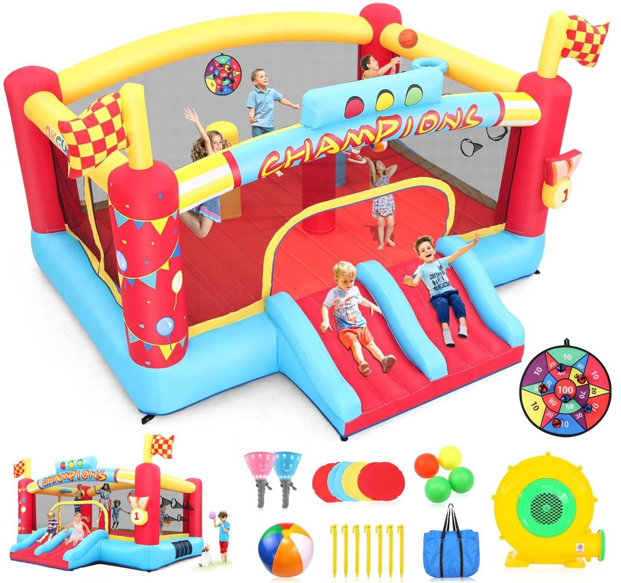 WHUBEFY Bounce House, Large Inflatable Obstacle Bouncy House with Big Jumping Area for Kids 3-12, Double Basketball Hoops & Bouncer Slides, Ball Pits, Throw Ball Game, Jump House 550W Blower Included Whubefy