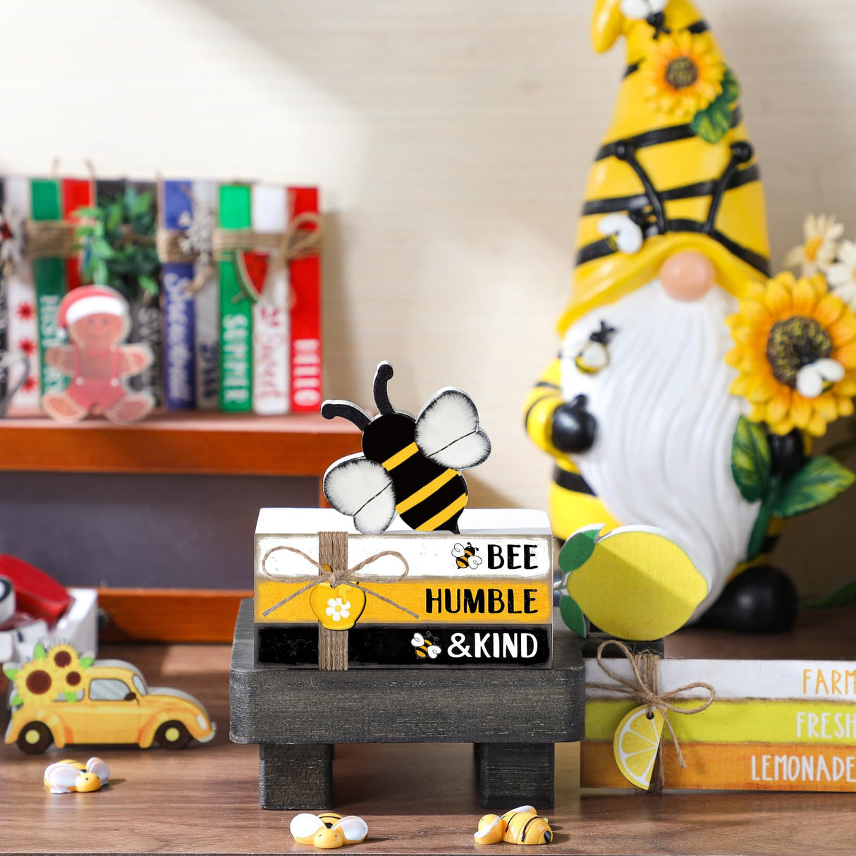 Briwooody 27 Pcs Interchangeable Table Decor Seasonal Bee Lemon Highland Cow Sign Farmhouse Mini Wood Book Stack Spring Summer Tiered Tray Decor for Home Office Desk Shelf Coffee Bar(Classic Style) Briwooody