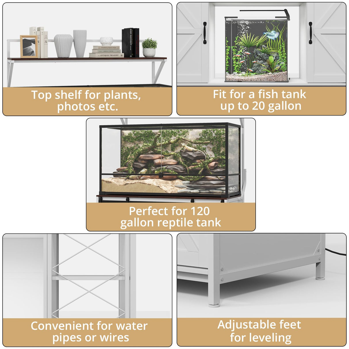 VOWNER Farmhouse Reptile Tank Stand with Power Outlet, 48" X 24" Tabletop Fits up 120 Gallon Bearded Dragon Tank, Heavy Duty Aquarium Stand with Storage Cabinet, Reptile Turtle Terrarium Stand White VOWNER