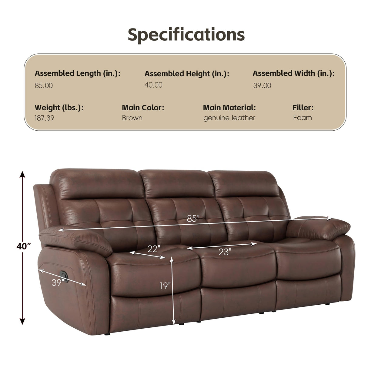 Olodumare Genuine Leather Manual Reclining Sofa with Console, Drop Down Table, Cup Holders and Magazine Bag, 3-Seater Recliner, Mid-Century, for Living Room, Bedroom, Recreation Room-Brown Olodumare