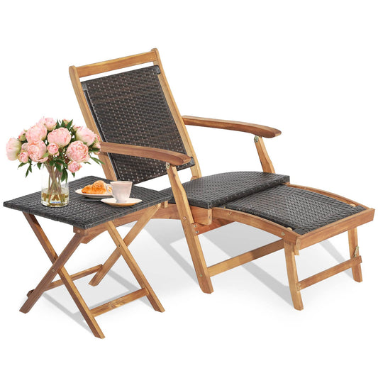 Tangkula Patio Lounge Chair and Side Table Set, Acacia Wood Wicker Folding Table and Armrest Chair with Retractable Ottoman, Outdoor Chaise Lounger for Garden, Backyard, Poolside, Balcony