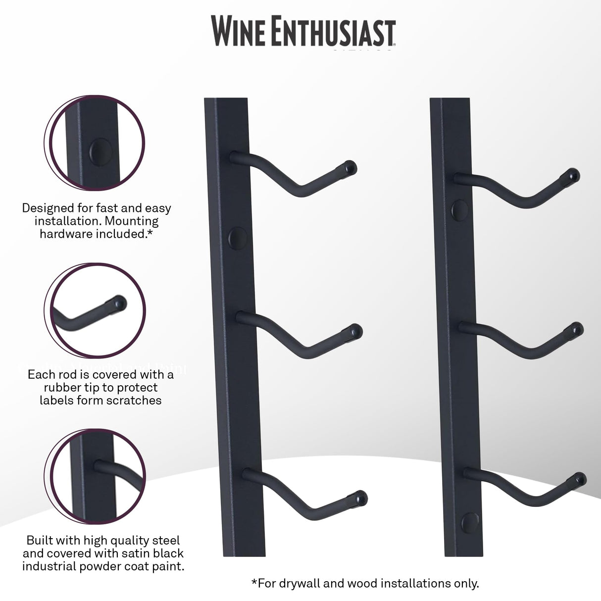 Wine Enthusiast N'FINITY 9 Bottle Wall Mounted Metal Wine Rack – Label Forward Wine Rack with Easy Installation - 3' Tall, 1 Column Deep (Black) Wine Enthusiast