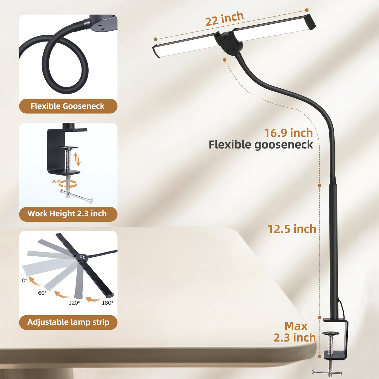 Led Desk Lamp for Home Office, Eye-Care Architect Light with Clamp, Smart Double Head Computer Monitor Table Clip Lamp, Adjustable Flexible Gooseneck, 25 Lighting Models, Task lamp, Black Motumen