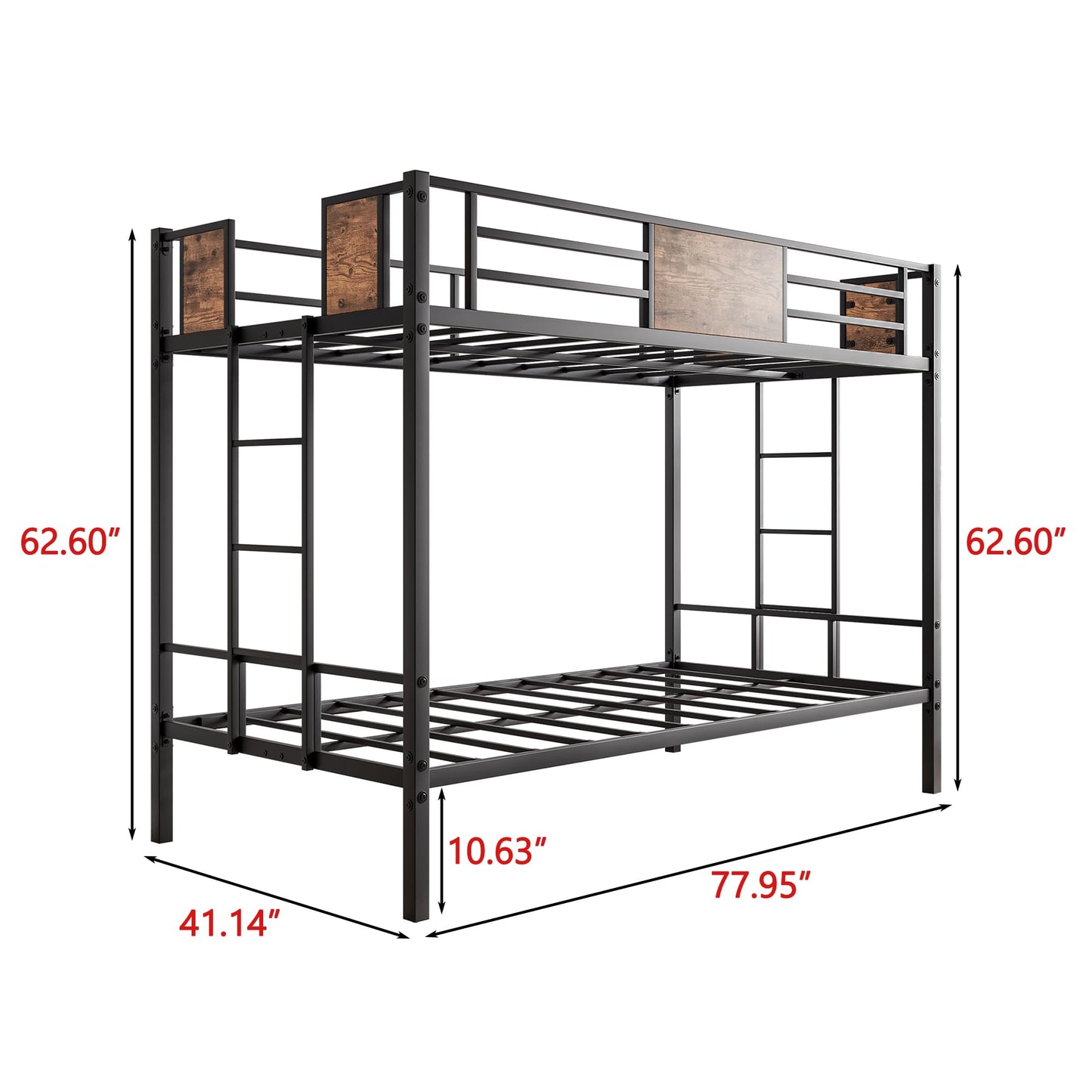 VECOCHO Metal Bunk Bed Twin Over Twin with 2- Side Ladder and Full-Length Guardrail，Space-Saving Design/No Box Spring Needed/Noise Free,Black & Vintage Brown