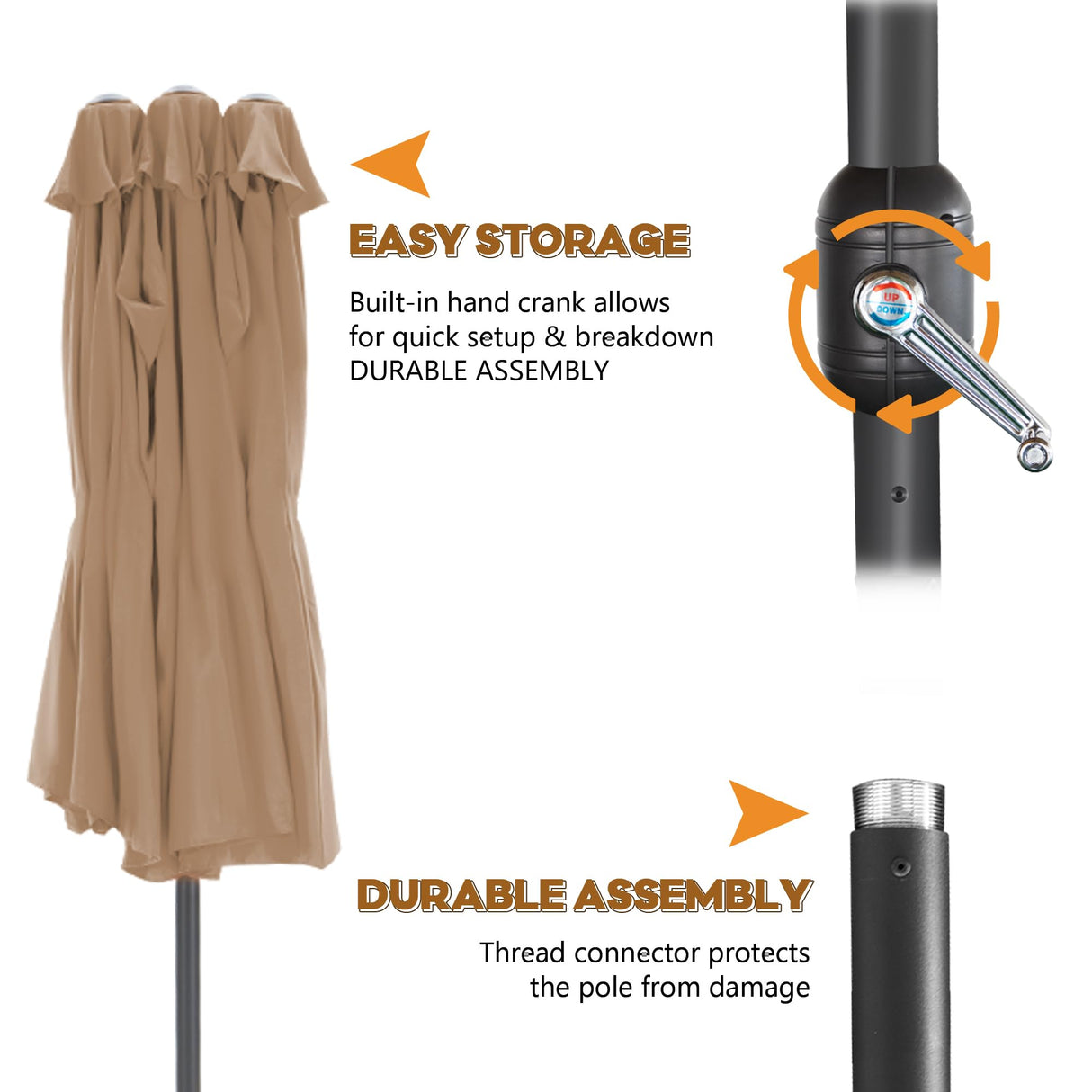 AONETOZ 15ft Large Patio Umbrella,Double Sided Big Umbrella For Patio,Extra Large Outdoor Umbrella,Khaki AONETOZ