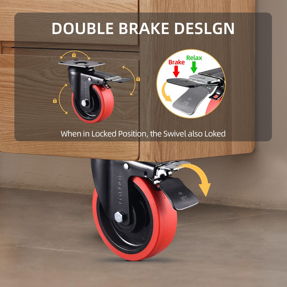 Heavy Duty TPR Rubber Wheels with Locking 5 Inch Caster Wheels Set of 4 3000Lbs Load Capacity Silent Swivel and Brake 360 Degree Casters Ideal for Industrial Carts Furniture Trolleys and Workbenches TOO TCO