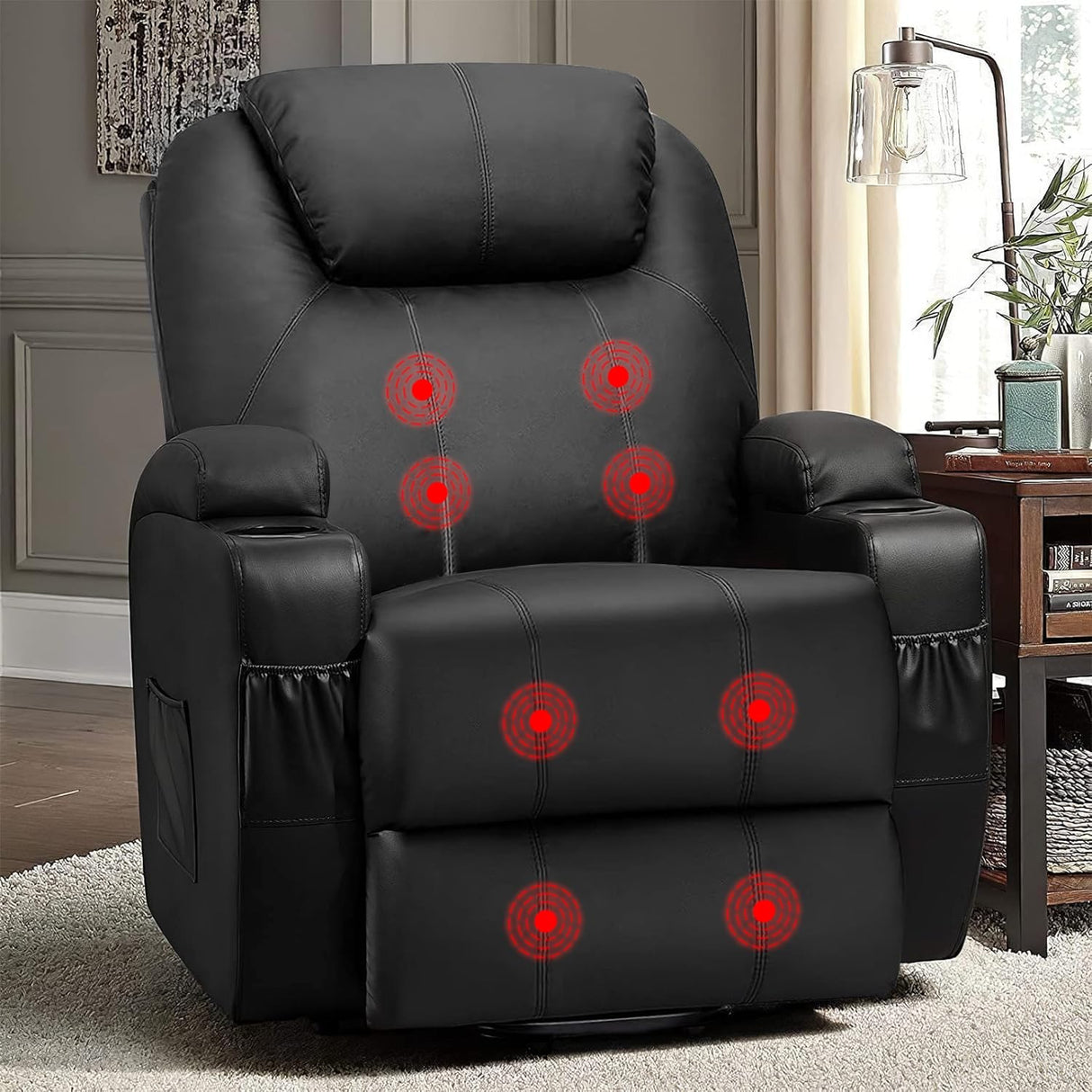Flamaker Power Lift Recliner Chair PU Leather with Massage for Elderly Ergonomic Lounge Chair Classic Single Sofa with 2 Cup Holders Side Pockets Home Theater Seat (Leather, Light Black) Flamaker
