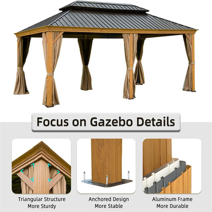 12x18Ft Hardtop Gazebo Wooden Coated Aluminum Frame Canopy Galvanized Steel Double Roof Outdoor Wood-Looking Permanent Metal Pavilion with Curtains and Netting for Patio Deck Lawn - WoodArtSupply