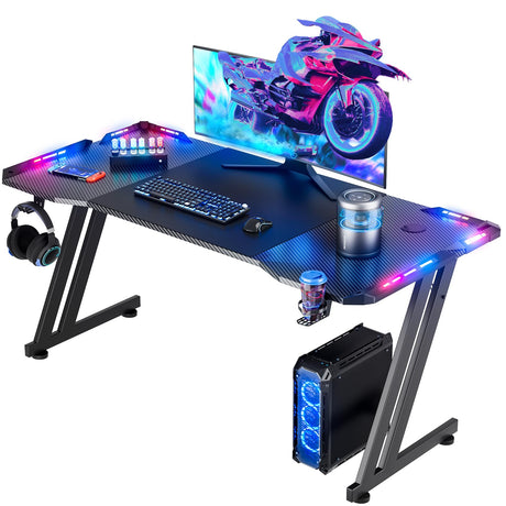 HLDIRECT 55 Inch Gaming Desk with LED Lights Carbon Fibre Surface Gaming Table Large Computer Desk Ergonomic Home Office Desks Z Shaped PC Gamer Workstations with Cup Holder & Headphone Hook Black HLDIRECT