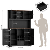 FINETONES 71" Pantry Cabinet with LED Light and Charging Station, Kitchen Pantry Cabinet with Microwave Stand, Kitchen Hutch Food Storage Cabinet with Outlet and Wine Racks, Black FINETONES