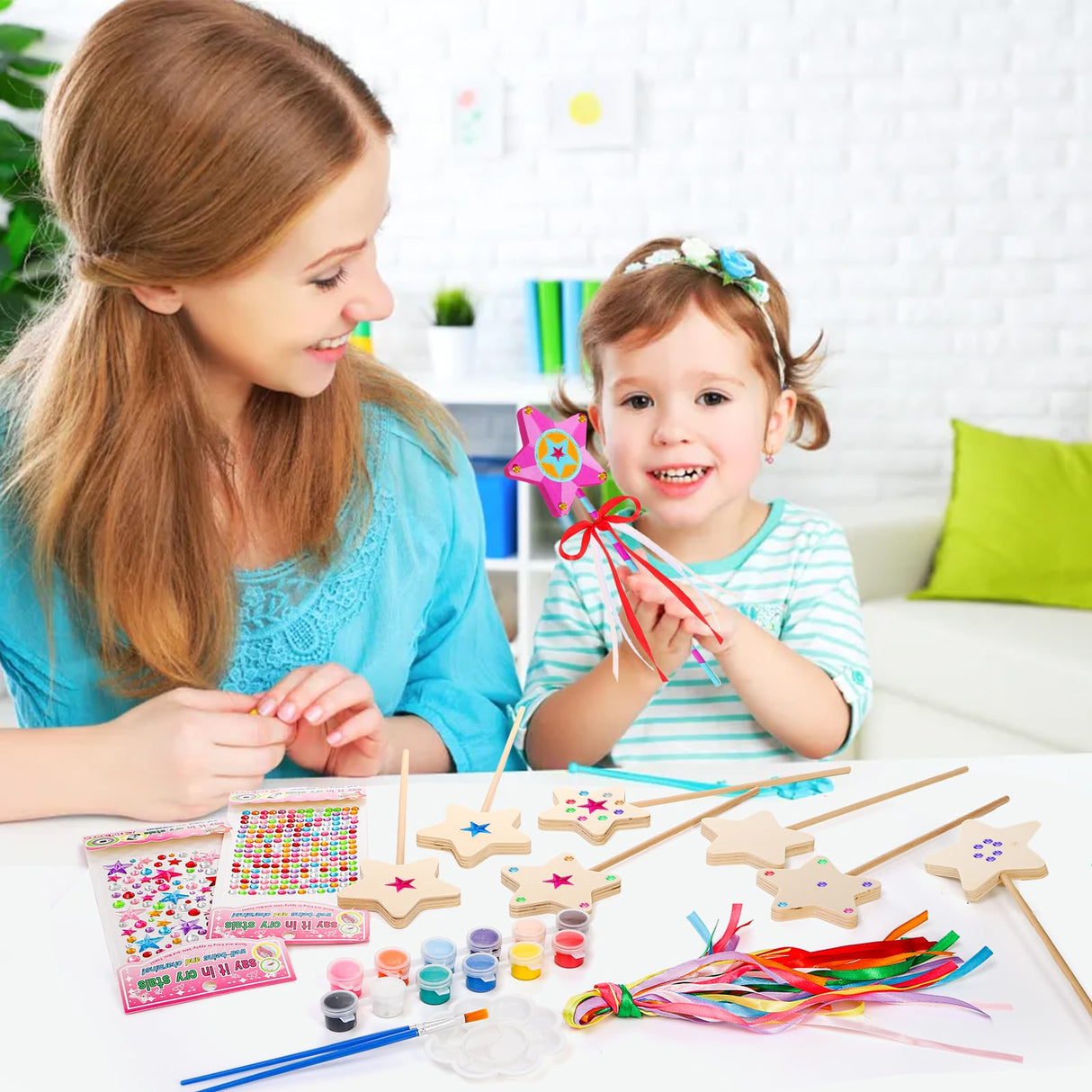 Mezchi 70 Pcs Star Princess Fairy Wands Craft Kit, Make Your Own Wand Craft DIY Magical Wand Kit Includes 16 Unfinished Wooden Princess Wand, 3 Gem Stickers, 32 Colorful Ribbons and Paint Mezchi