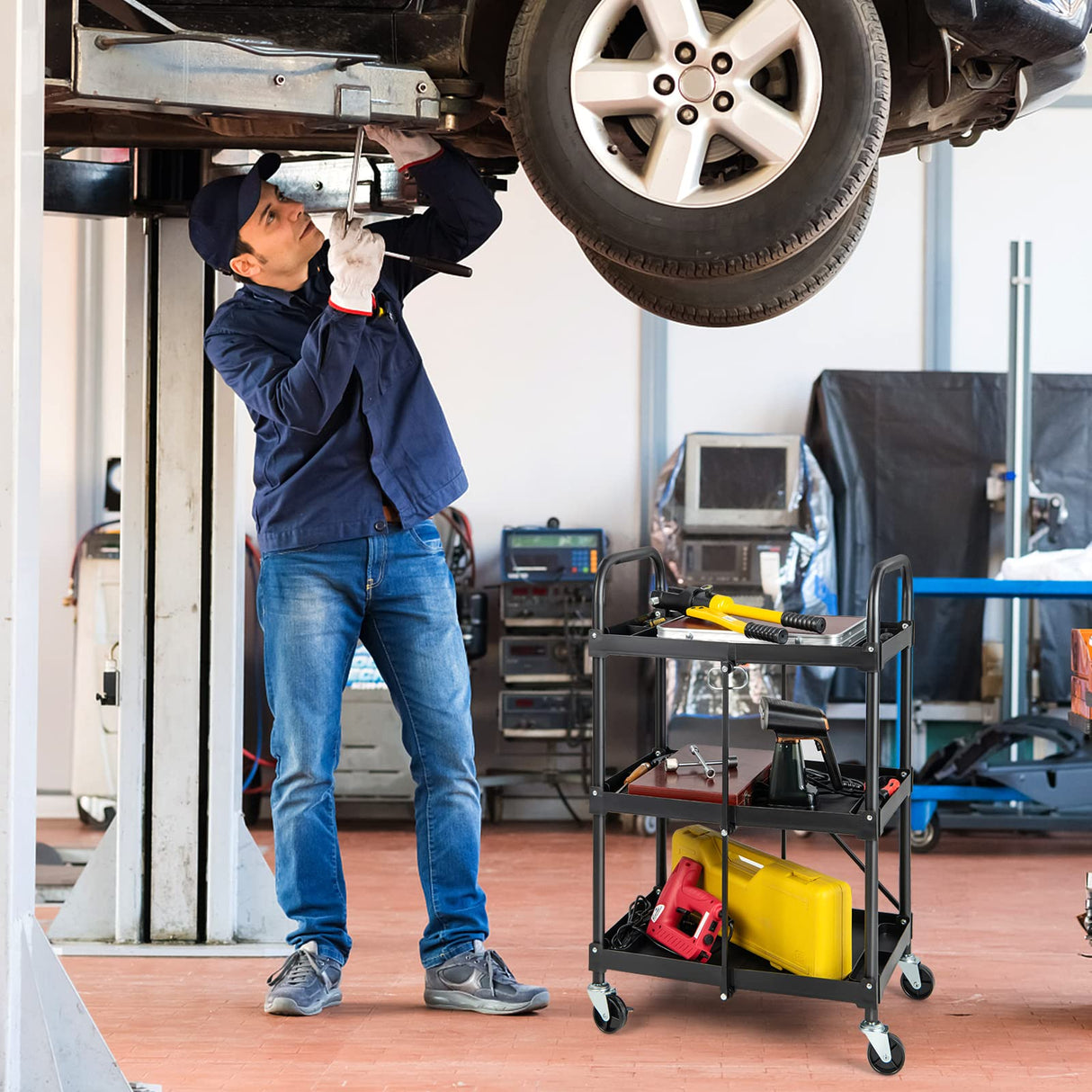 S AFSTAR 3-Tier Folding Tool Cart on Wheels, Rolling Tool Storage Organizer Cart W/Universal Wheels & Handrails, Portable Utility Cart, Collapsible Service Cart for Garage Warehouse Home S AFSTAR