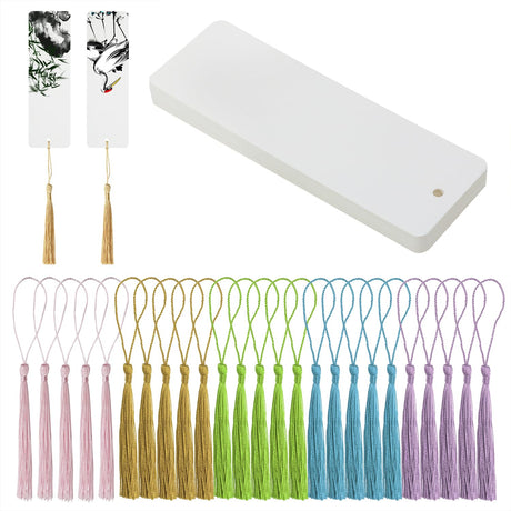 PPhtony Kraft Paper Book Page Marks 25Pcs Unfinished Blank Craft Cardstock Page Marker with 25Pcs Colorful Silky Tassel for Christmas Gift Stocking Stuffer Present Tags and DIY Projects (White) PPhtony