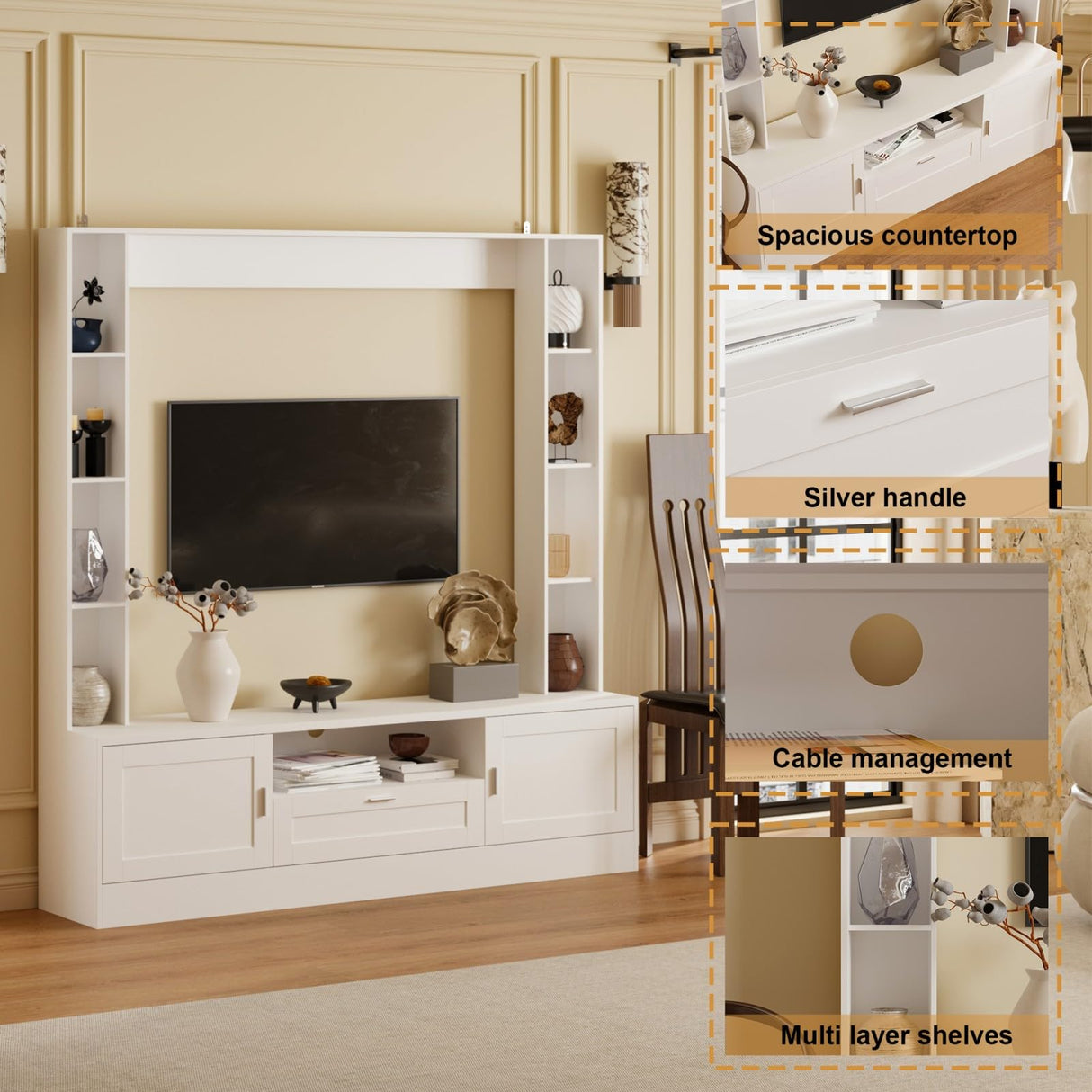 MOUMON Large Entertainment Center with Bookshelf, Wall Units with Doors and Drawer, TV Stand Media Console with Open Shelves for Living Room, White, 15.1”D x 70.9”W x 75.7”H MOUMON