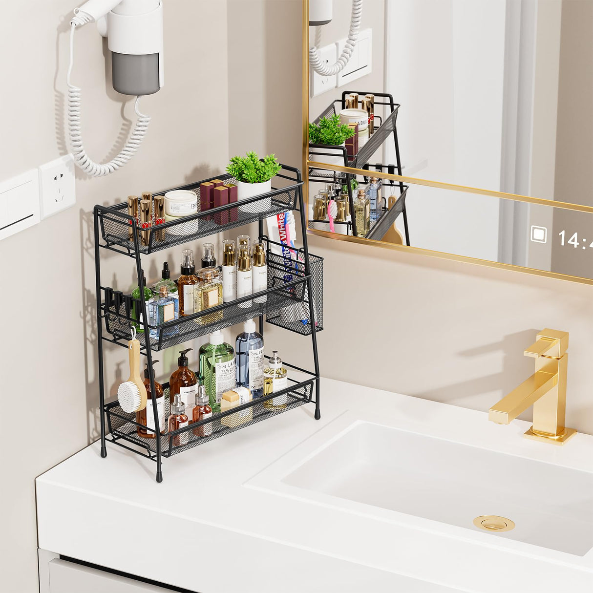 VITVITI 3-Tier Bathroom Organizer Countertop, Metal Wire Mesh Bathroom Counter Organizer Storage with Basket Hooks, Vanity Tray Shelf, Kitchen Spice Rack (Black) VITVITI