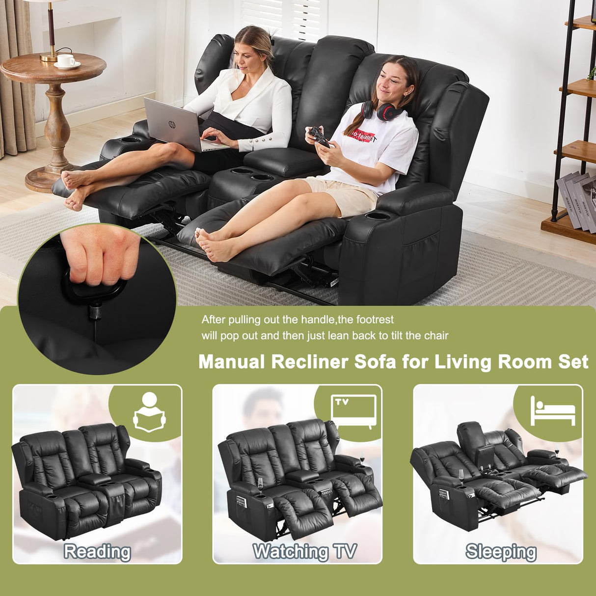 SAMERY 65.5" RV Loveseat Recliner Double Recliner RV Sofa & Console | Wall Hugger Loveseat Reclining RV | RV Theater Seats | RV Couch | RV Home Theater Seating Furniture (Faux Leather Black) SAMERY