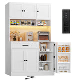 FJTJBSI 72" Kitchen Pantry Cabinet with Charging Station and LED Light Tall Pantry Storage Cabinet with Adjustable Shelves Freestanding Kitchen Hutch with Countertop for Dining Room White FJTJBSI