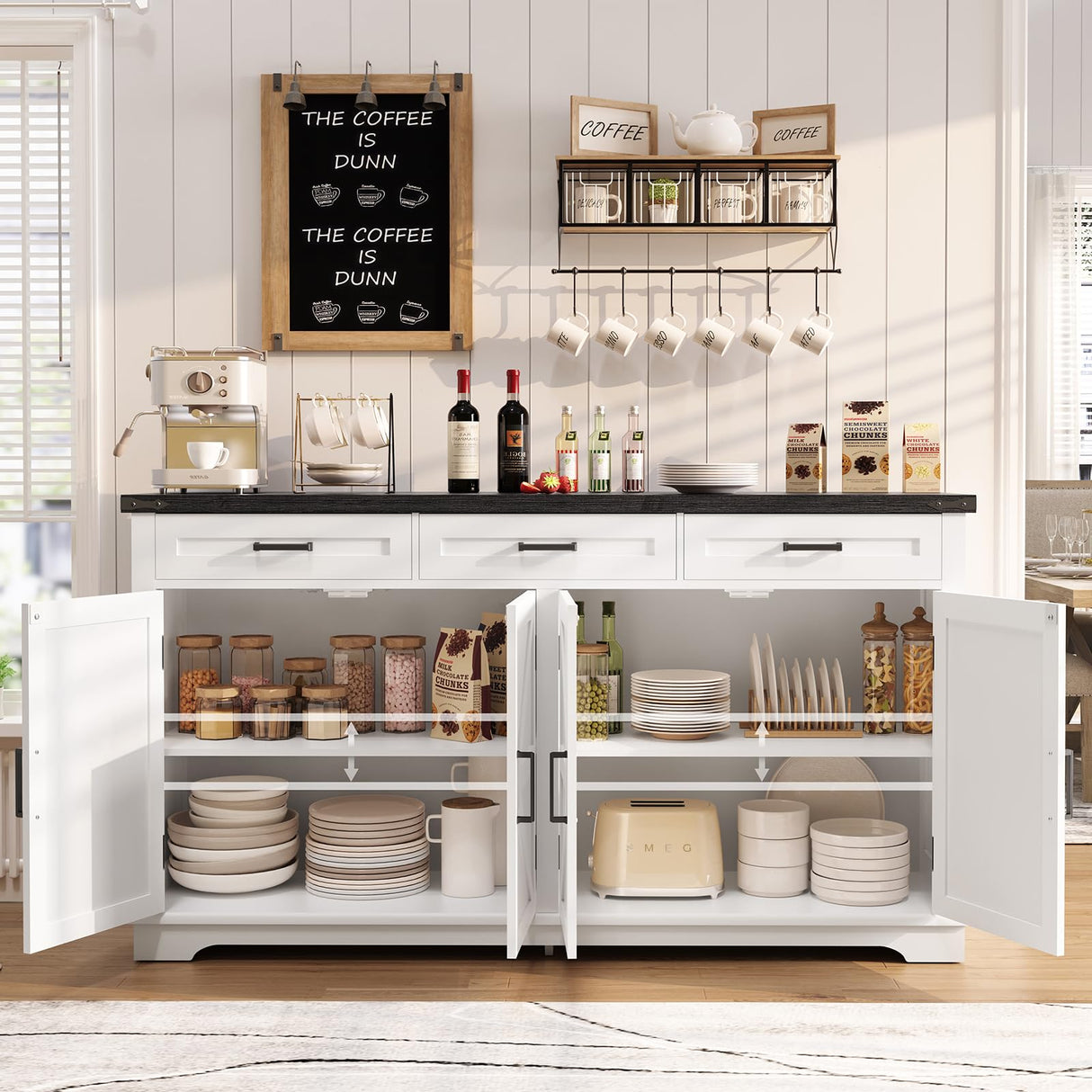 usikey 55”W Buffet Cabinet with 3 Large Drawers & 2 Adjustable Shelves, Farmhouse Sideboard Cabinet, Farmhouse Credenza, Coffee Bar for Dinging Room, Living Room, White usikey