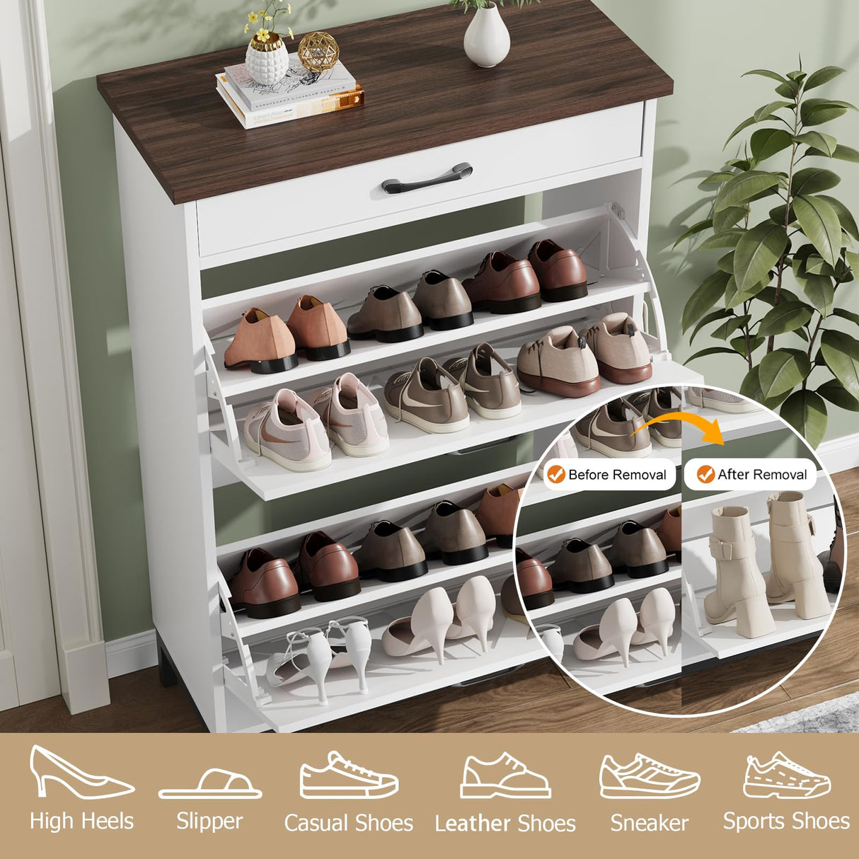 Shoe Cabinet Storage for Entryway Hidden Shoes Storage Cabinet with 2 Flip Drawers, Farmhouse Narrow Shoe Rack Cabinet Slim Free Standing Shoe Organizer Cabinet for Door Entry, Foyer, Hallway, White Jocoevol