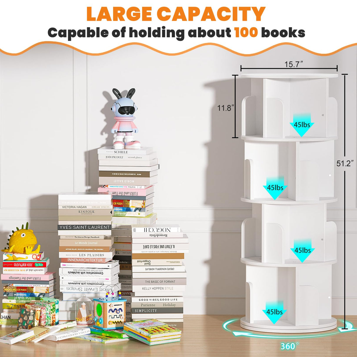 Besiost Rotating Bookshelf, Wood Corner Bookshelf, 360 Display Spinning Bookcase Storage Rack, 4 Tier Floor Standing Revolving Bookcase Narrow Book Shelf Organizer for Small Space, Bedroom, White Besiost