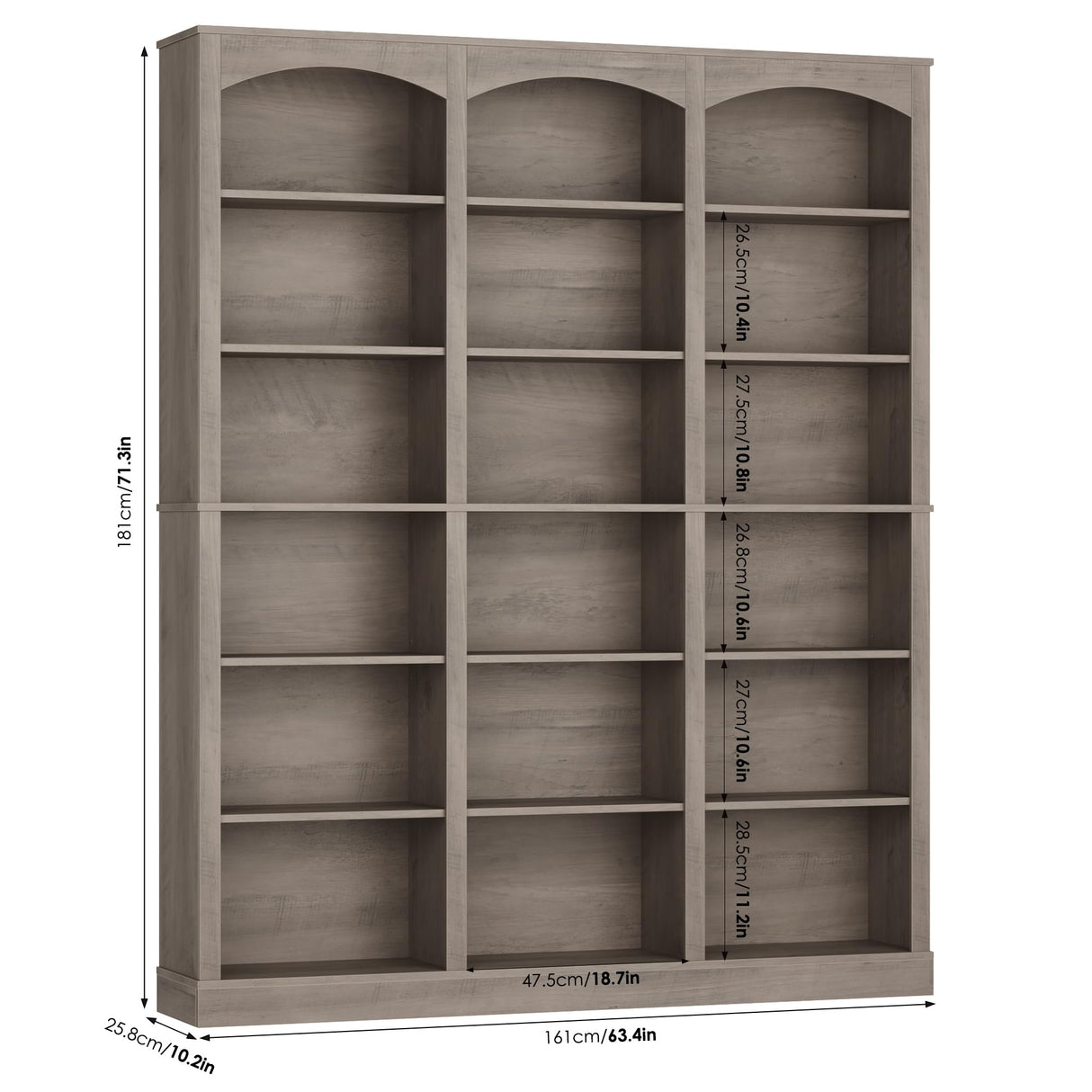 FACBOTALL 71" Triple Wide Bookshelf, 6 Tier Tall Bookshelf, Large Bookcase with Curved Baffle, 63.4" Wide Book Shelf with 18 Open Display Shelves for Living Room, Study, Gray FACBOTALL