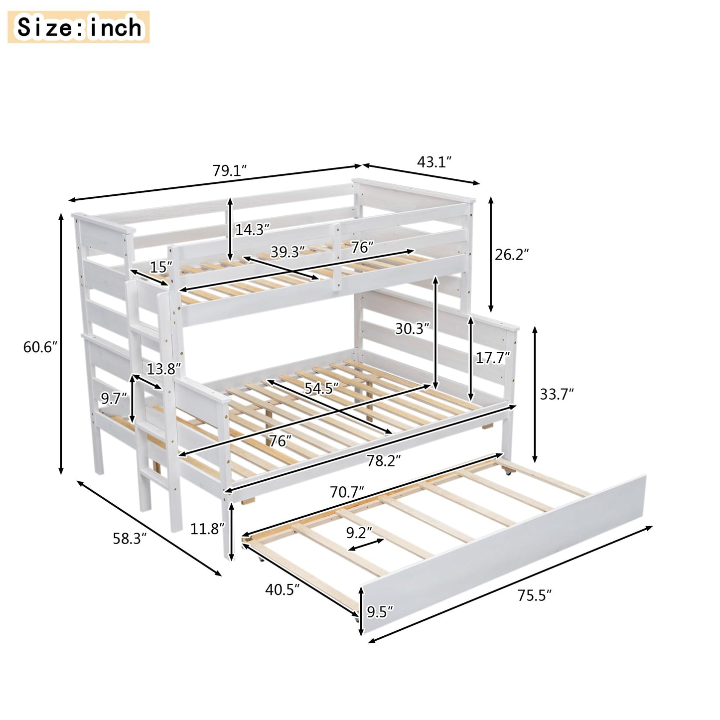 Linique Twin Over Full Bunk Bed with Trundle - White Wooden Frame, Ladder & Guardrails - WoodArtSupply