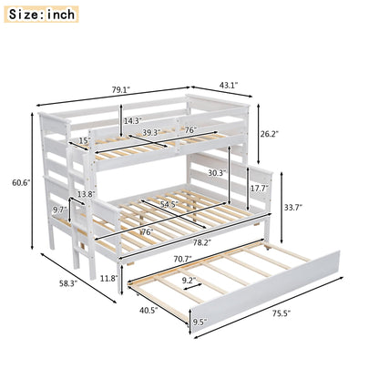 Linique Twin Over Full Bunk Bed with Trundle - White Wooden Frame, Ladder & Guardrails - WoodArtSupply