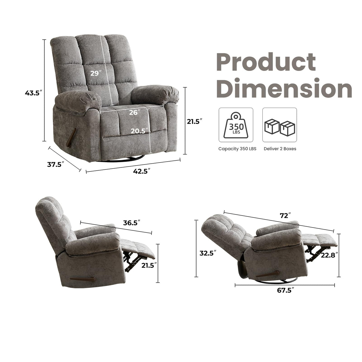 Oversized Swivel Rocker Recliner with Massage and Heat, 26" Extra Wide Manual Recliner for Adults & Big Man, Overstuffed Rocking Chair with High Back for Living Room, Grey Chenille RUTOX