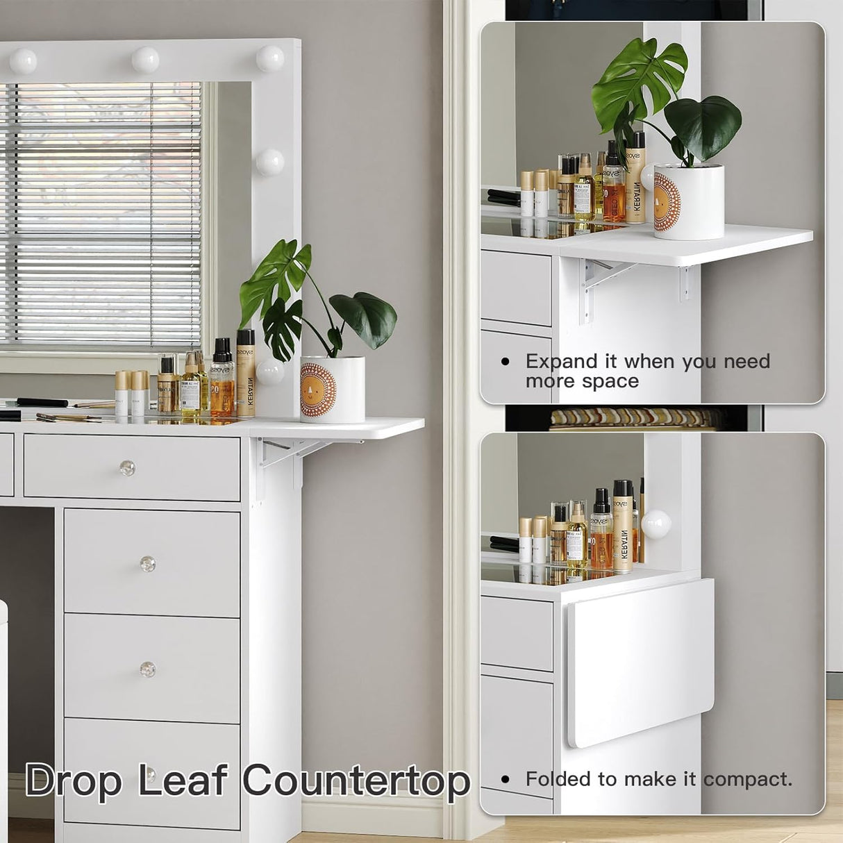 Vanity Desk with Power Outlet, 9 Drawers Makeup Vanity with Mirror and 12 LED Lights, 3 Lighting Modes, Glass Top Vanity Set, Fold-up Panel, Dressing Table for Bedroom FUSOU