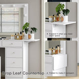 Vanity Desk with Power Outlet, 9 Drawers Makeup Vanity with Mirror and 12 LED Lights, 3 Lighting Modes, Glass Top Vanity Set, Fold-up Panel, Dressing Table for Bedroom FUSOU