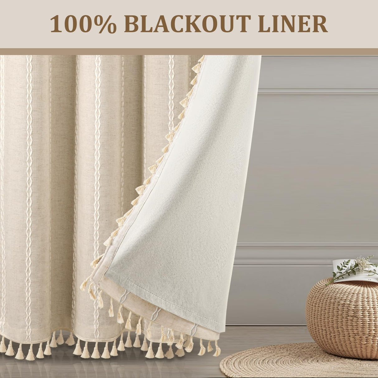 XOGUIBO Boho Blackout Curtains 2 Panels 84 Inch for Living Room Bedroom, Beige Linen Texture Farmhouse Curtains with Tassels and Cotton Embroidery Vintage Rustic Western Rod Pocket XOGUIBO