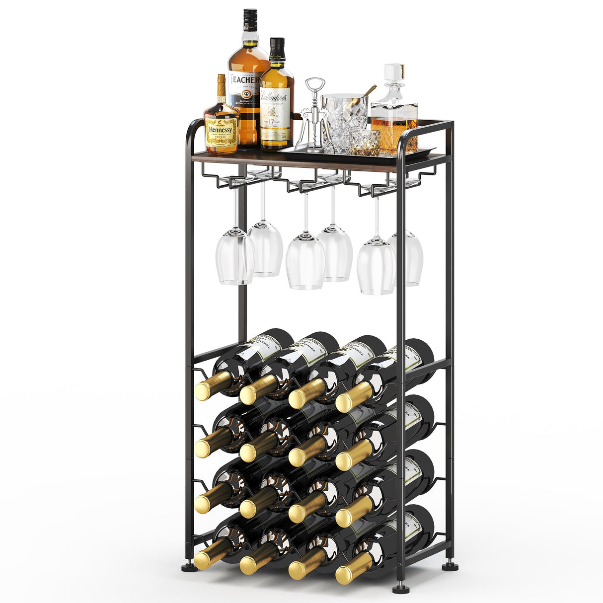 IBEDMAZIE Freestanding Floor Wine Rack,16 Bottles Wine Shelf for Kitchen,Dining Room,Home,Office, Bar,Perfect Combination of Wood and Metal, Easy to Install IBEDMAZIE