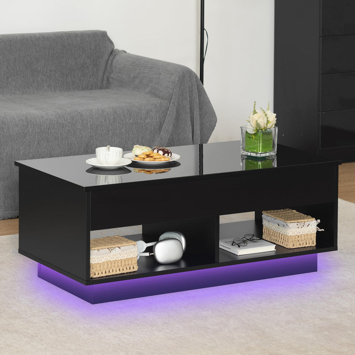 HOMMPA 40" Modern LED Coffee Table with Storage for Living Room, Lift Top Coffee Table with 2 Shelves, High Glossy Wooden Dining Table, Multifunctional Furniture for Bedroom Home Office, Black HOMMPA