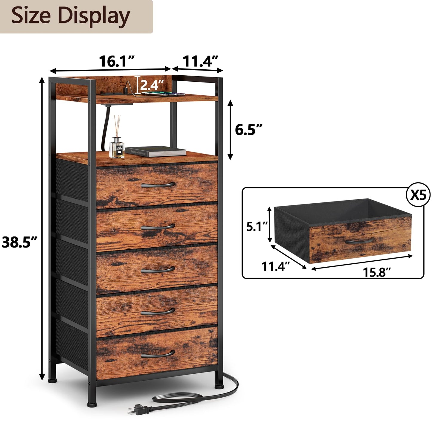 Furnulem 5 Drawer Dresser for Bedroom, Tall Nightstand with Led Light and Charging Station, Small Night Stand Bedside Table, Fabric Bins, Metal Frame, Wood Shelf, Side Furniture(Rustic Brown)