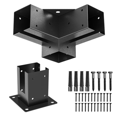 TROPTOLKY 4x4 Pergola Brackets Kit, 3-Way Powder-Coated Woodworks Corner Brackets, 1 Bracket Shoulders & 1 Wood Post Base, 2PCS Woodwork Pergola Kit Elevated Wood Stand Kit