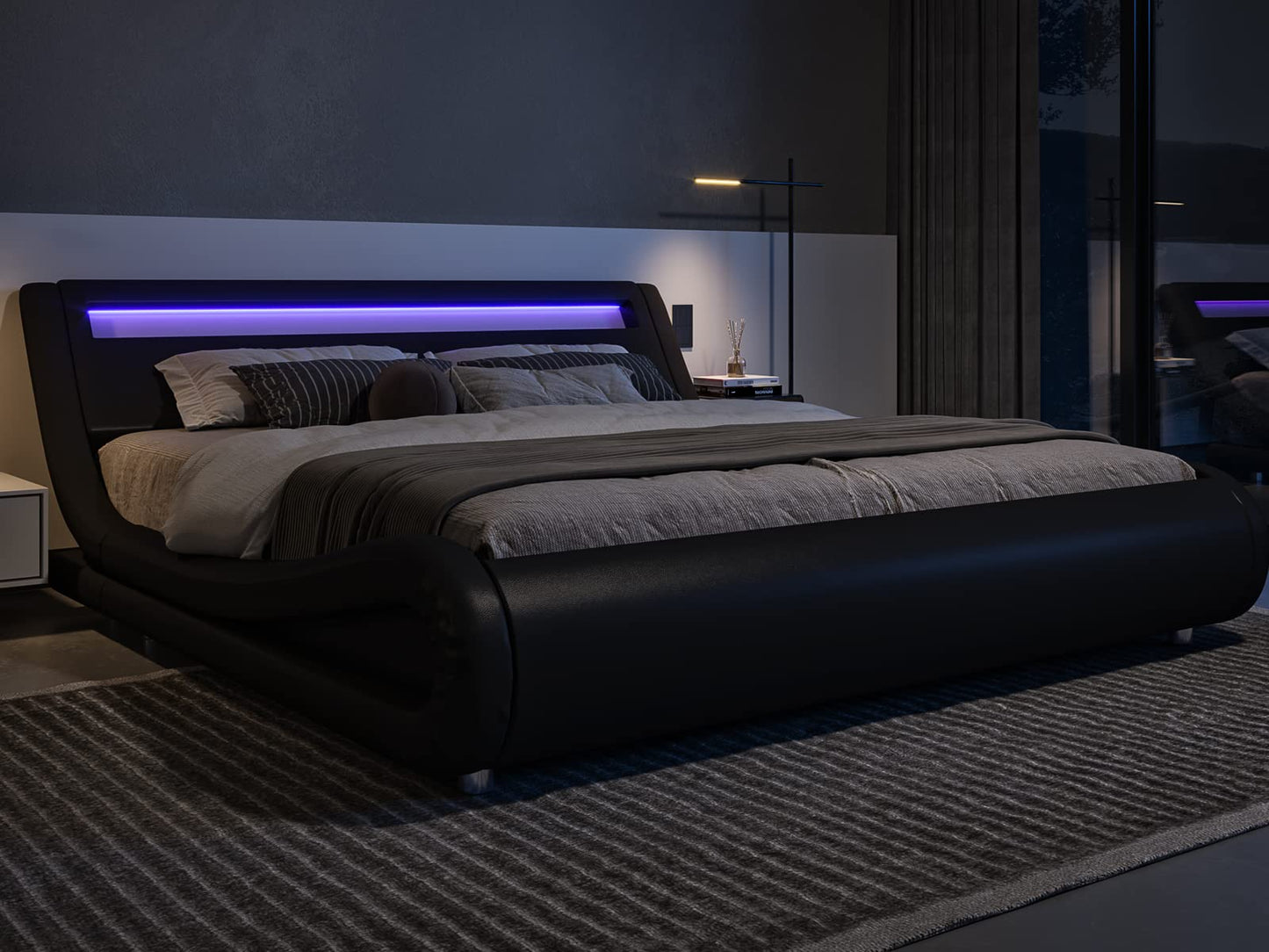 Allewie Queen Size Black LED Platform Bed Frame with Adjustable Headboard and No Box Spring Required - WoodArtSupply