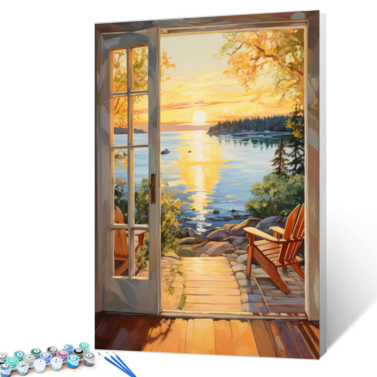 Tucocoo Door Landscape Paint by Bumbers for Adults Lake Landscape DIY Paint by Numbers Acrylic Paint Canvas Lakeside Plants Sunset Scenery Painting Kits Art 16x20 Inch（Without Frame） Tucocoo