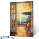 Tucocoo Door Landscape Paint by Bumbers for Adults Lake Landscape DIY Paint by Numbers Acrylic Paint Canvas Lakeside Plants Sunset Scenery Painting Kits Art 16x20 Inch（Without Frame） Tucocoo