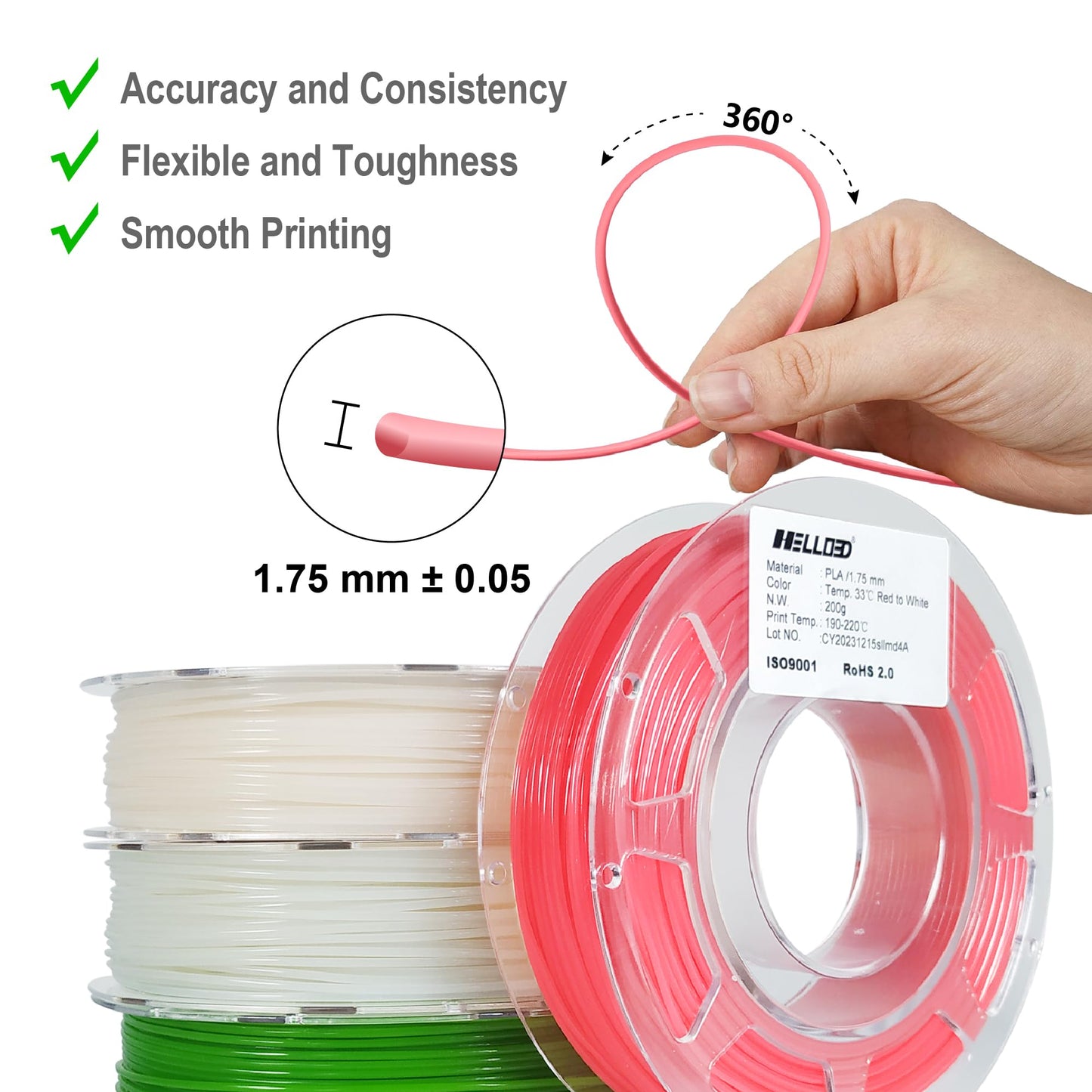 HELLO3D 3D Printer Filament Bundle,Green to Yellow/Red to White Color Change with Temperature Filament Set,UV or Sunlight Color Change to Blue/Purple PLA Filament 1.75mm,200g X 4 Spools Packs - WoodArtSupply