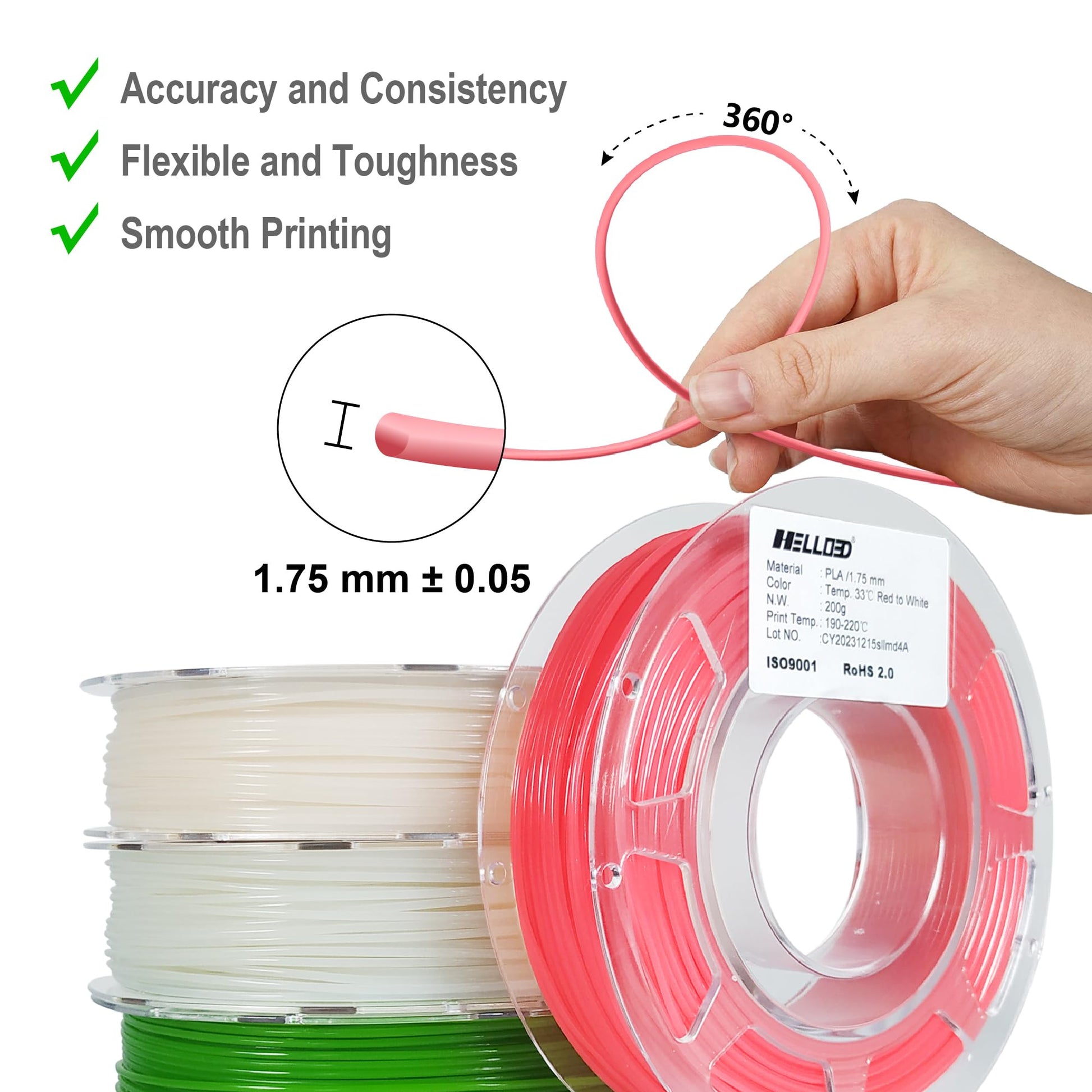 HELLO3D 3D Printer Filament Bundle,Green to Yellow/Red to White Color Change with Temperature Filament Set,UV or Sunlight Color Change to Blue/Purple PLA Filament 1.75mm,200g X 4 Spools Packs - WoodArtSupply