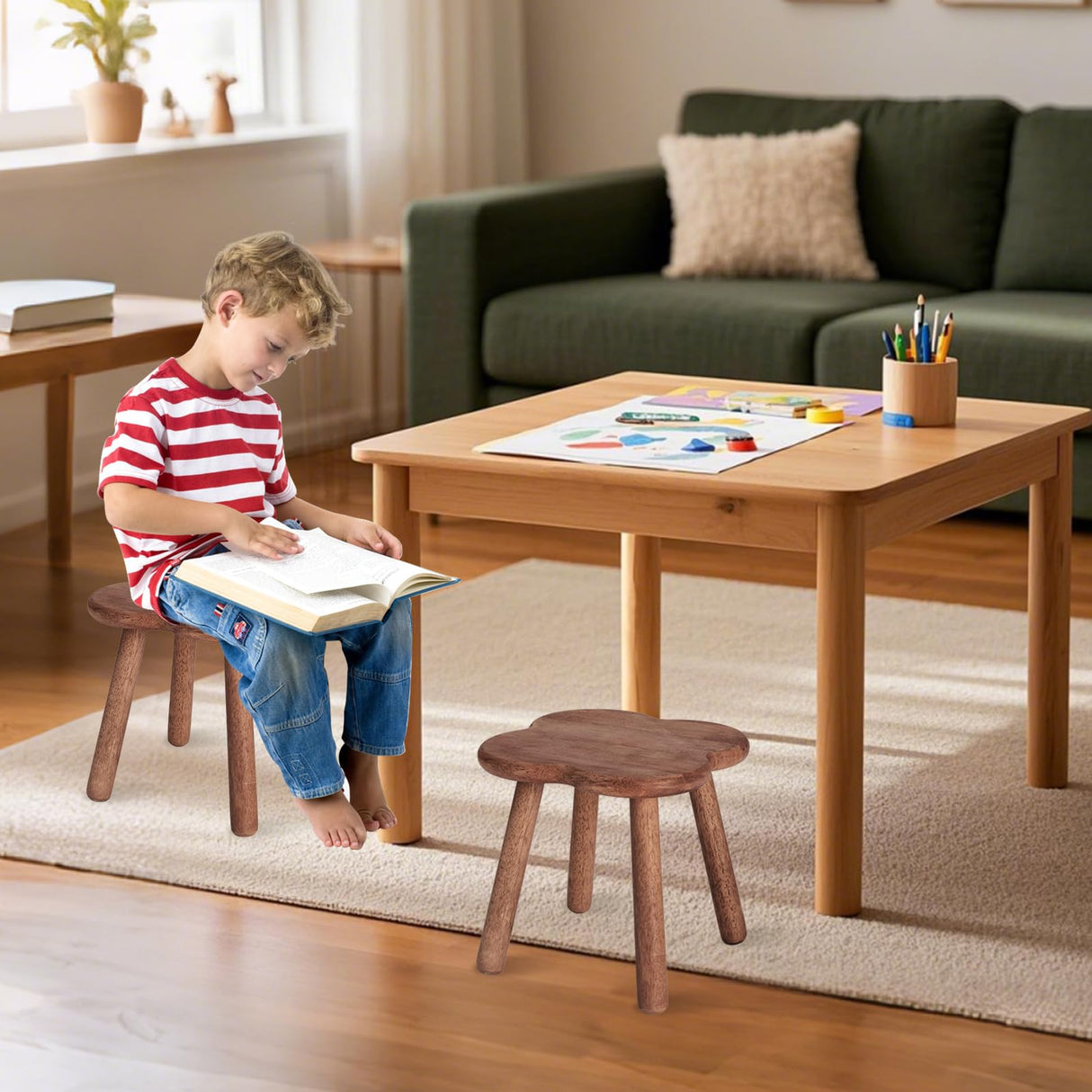 Jurath Wooden Step Stool for Adults Upgraded11.6inch Small Wooden Stool with Four Detachable and Assembled Legs for Bathroom, Kitchen, Bedroom, Plant Stand (Natural Solid Wood top and Legs) Jurath