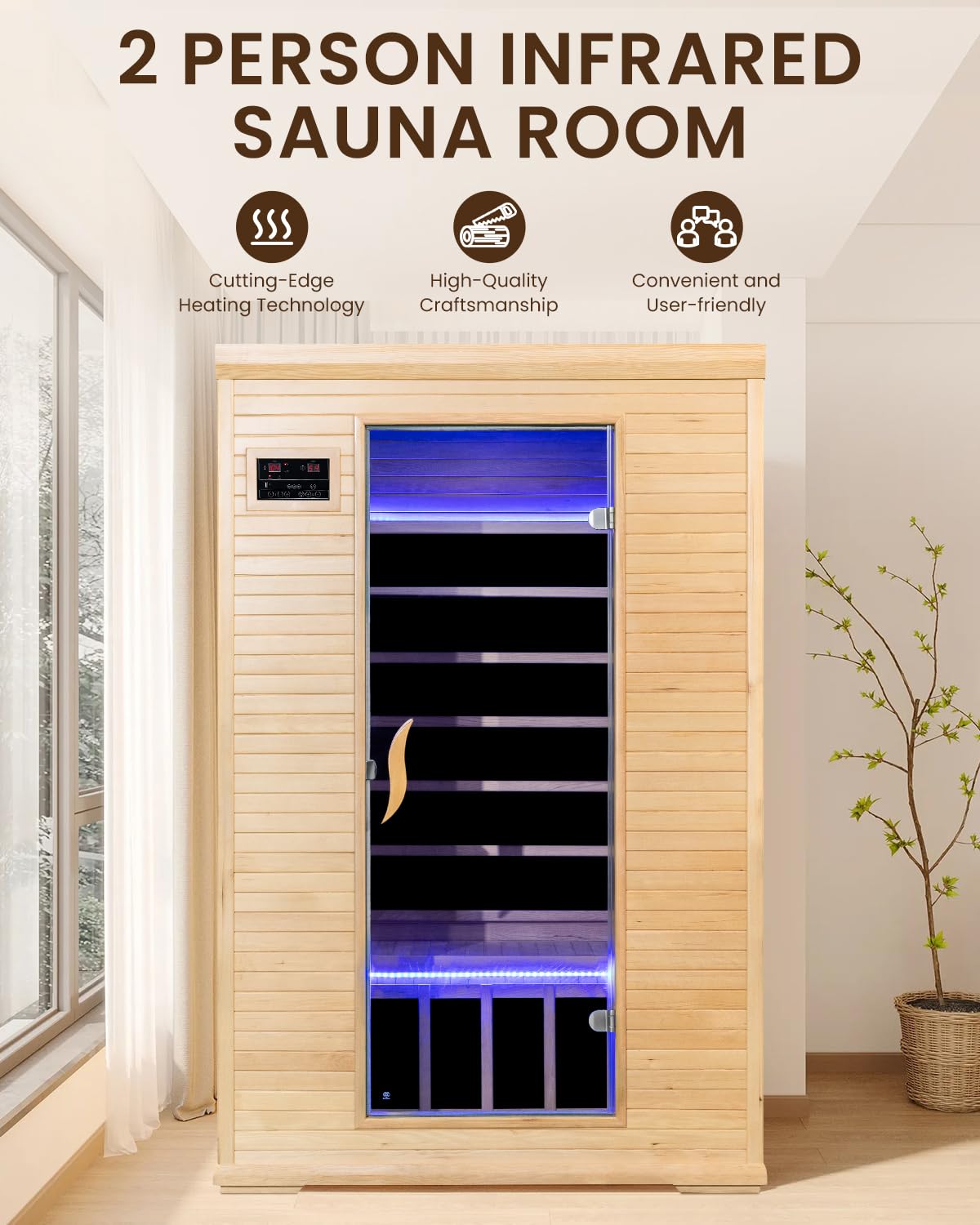 SpaZeit 2 Person Far Infrared Sauna for Home Spa, 1900W Low EMF Wooden Dry Sauna Room with Bluetooth Speakers, LCD Control Panel, Tempered Glass Door, 7 Colors Lighting, 74.76"x48.84"x40.56"