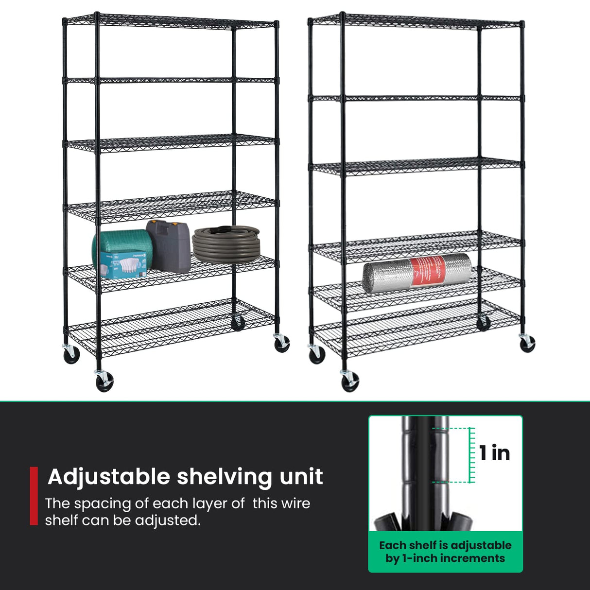 PayLessHere | 6-Tier Wire Shelf with Wheels | 48"x18"x76" | Black | Adjustable Racks | Heavy-Duty Storage Shelves, Holds Upto 600 lbs | Rust-Resistant, No-Tool Assembly | for Home, Garage Shelving PayLessHere